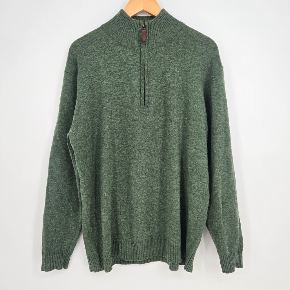100% Merino Wool Extra Fine Quarter Zip Sweater Mens XL Elbow Patches Cozy Green